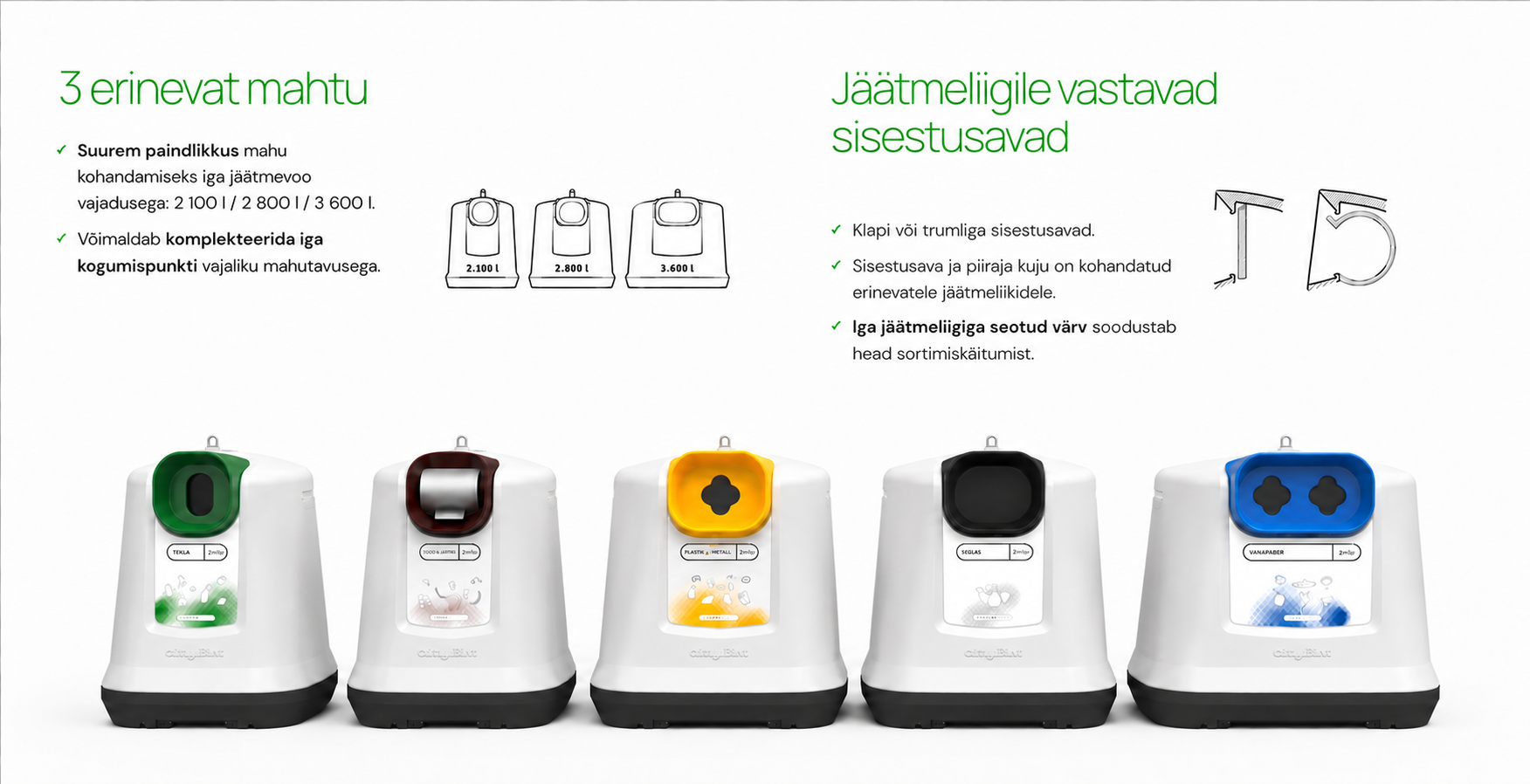 City.Bin kolm mahtu ja viis jäätmeliigile sobivat sisestusava poole väiksemate tõstekonksudega